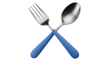 Shiny modern fork and spoon crossed with vibrant blue handles