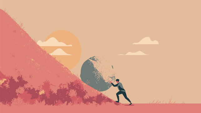 A person strives to push a large boulder up a gentle slope, surrounded by vibrant foliage. The setting sun casts a warm glow, creating a sense of determination and persistence.