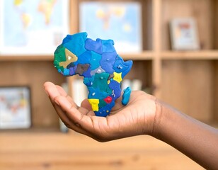 Child hand holding colorful clay model of Earth globe highlighting Africa with blurred background symbolizing education geography environment and global unity
