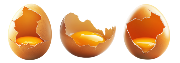 Close-up of cracked brown egg with yolk inside eggshell, isolated on white transparent background. Concept of Easter, food, fertility, and organic nutrition
