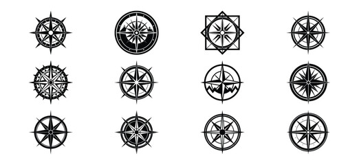 Collection of twelve vintage compass rose designs in black and white for nautical themes