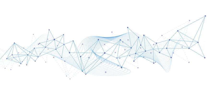 Abstract tech network connection dots. Digital technology and big data analysis background. Grey background with plexus lines. Geometric background with abstract  .cardiogram on blue background
