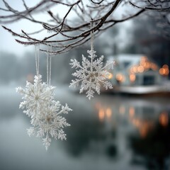 Frosted snowflakes hang from branches over a winter lake