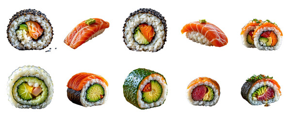 Assorted Sushi Rolls and Nigiri Featu Fresh Salmon and Vegetables on White Background for Japanese Cuisine Food Photography