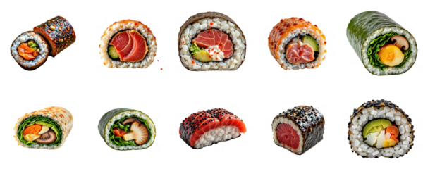 Assorted colorful sushi rolls arranged in a row showcasing various types with fresh ingredients and detailed textures for culinary, food, and seafood themes