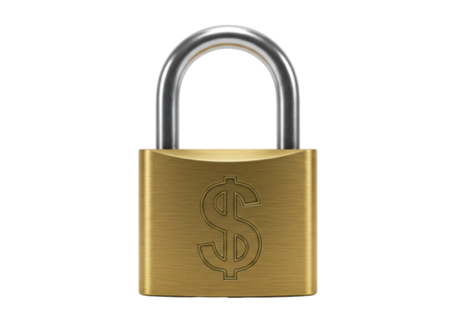Isolated brass padlock with a dollar symbol, financial security and investment concept