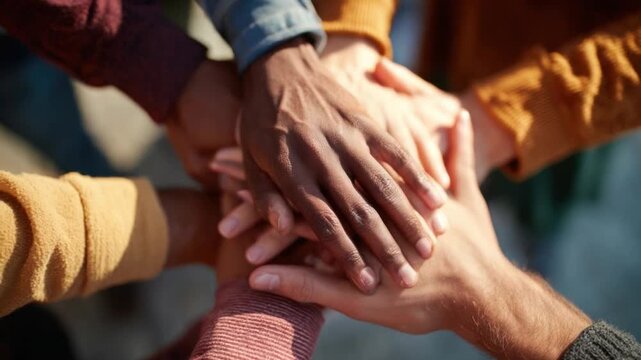 Hands United: A striking image of hands clasped together in a powerful display of solidarity and teamwork, symbolizing unity and collaboration for achieving common goals.