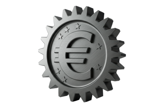 Isolated shiny metallic Euro coin gear, currency of European Union in mechanical design