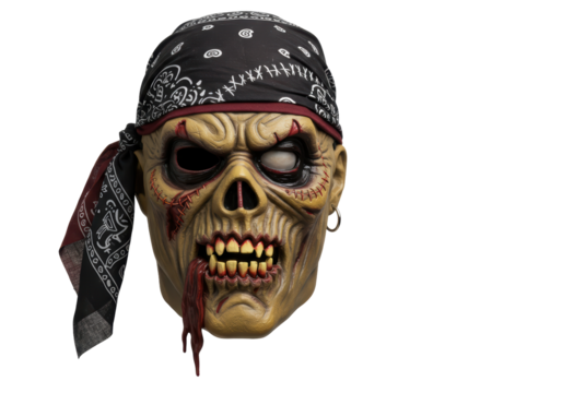 Isolated Zombie pirate mask for Halloween cosplay on a neutral backdrop. Spooky and frightening.