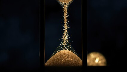 A close up of an hourglass with golden sand falling against a dark background in a studio shot