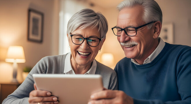 Happy senior couple laughing together while looking at a tablet, enjoying technology and connection in their comfortable home.