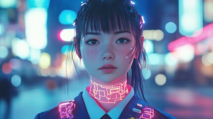 Futuristic woman in neon city