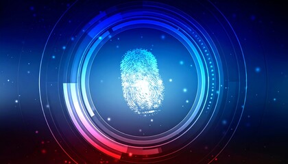 Abstract fingerprint in glowing concentric circles on a dark blue background