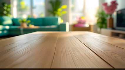 product placement in blurred living room with wooden table foreground 4