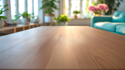 Fototapeta premium product placement in blurred living room with wooden table foreground 3