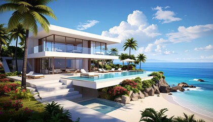 Beach luxury living on Sea view - 3d rendering.