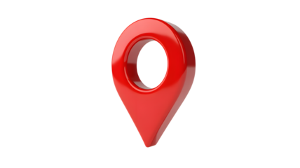 Bold red map pin marker signifies location or destination