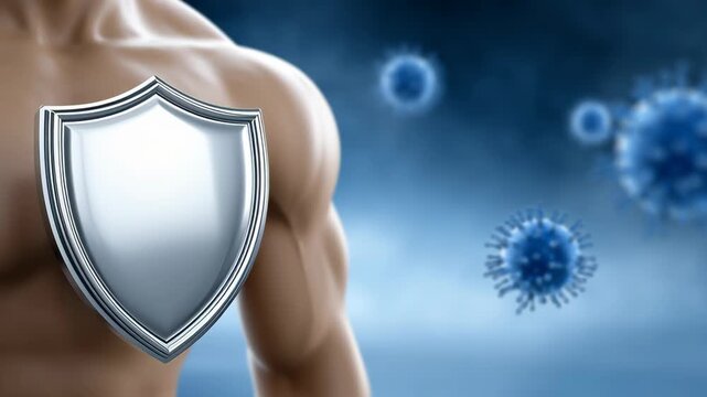 Immune shield defense virus protection health body security strong immunity silver shield human torso virus protection defense health biology concept