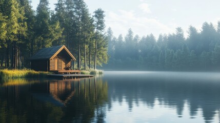 Fototapeta premium A serene waterfront cabin nestled among trees, reflecting on a calm lake under a clear sky, creating a peaceful retreat in nature.