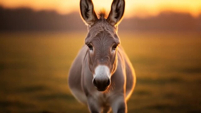 Gray Donkey Walking in a Green Field at Golden Sunset Hour With a Background of Trees and Orange Sky