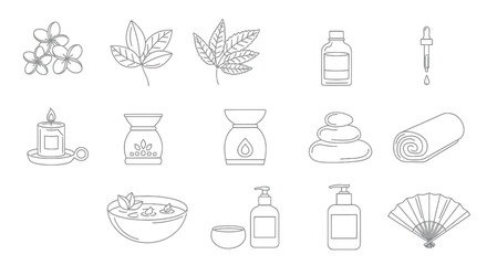 Spa and Wellness Line Icons: Aromatherapy, Massage, and Relaxation Elements
