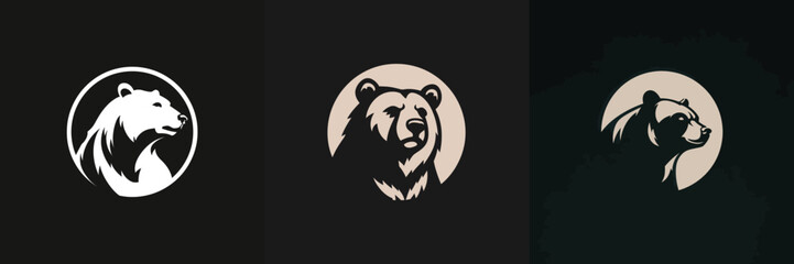 Obraz premium Three distinct bear illustrations feature in circular designs against a dark background, highlighting various bear expressions. The artwork captures the essence of the bears creatively.