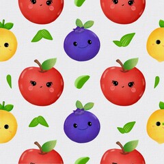 A seamless pattern of smiling apples, blueberries, and lemons with cute faces and green leaves on a white background.