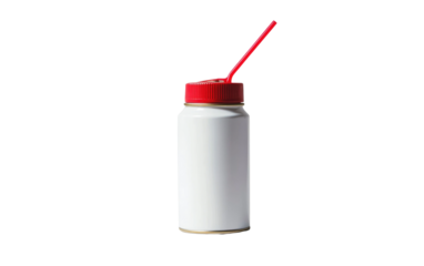 White bottle with red cap and straw isolated on transparent background