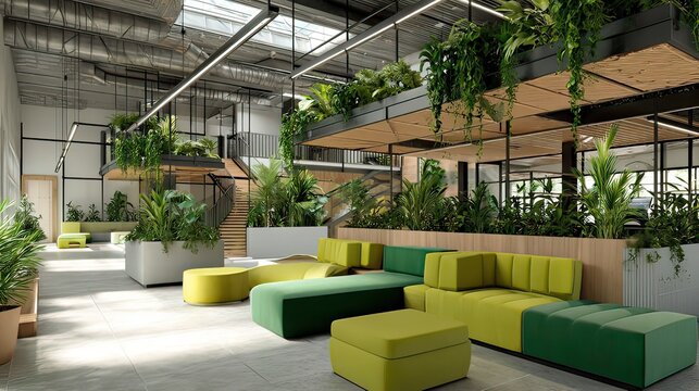 Modern office interior with green plants, comfortable seating, and open space concept designed for collaboration and relaxation
