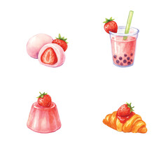 Watercolor Strawberry-Theme, Food Edition #15—Strawberry Mochi, Bubble Tea, Jelly, and Croissant. Vector Illustration. Design Element. Clip art. Suitable for artwork design.