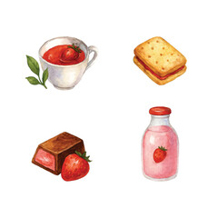 Watercolor Strawberry-Theme, Food Edition #16—Strawberry Tea, Biscuit, Chocolate, and Milk. Vector Illustration. Design Element. Clip art. Suitable for artwork design.