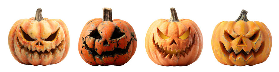 Halloween pumpkin jack o lantern set isolated on transparent PNG background and white background cut out