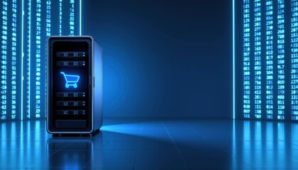 Advanced black server rack with digital shopping cart icon on touchscreen interface in a futuristic data center environment with blue binary code background