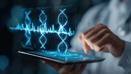 Digital Genome Analysis: A medical professional interacts with a holographic representation of DNA strands, showcasing modern healthcare innovation and scientific discovery. - Powered by Adobe
