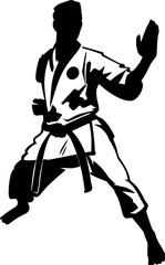 A bold vector illustration of a karate practitioner in a dynamic pose. The stylized black design highlights the martial artist's form.