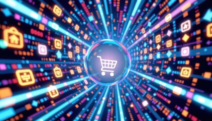 Digital E-commerce Shopping Cart Icon Centered with Glowing Circular Frame Surrounded by Rapidly Moving Colorful App Icons and Digital Lines in Futuristic Style