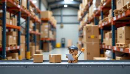 Detailed miniature toy figure working in a large warehouse with shelves full of boxes and packages, representing logistics, shipping, or inventory management