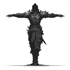 Fototapeta premium A powerful silhouette of a knight stands with outstretched arms, wearing detailed armor, and ready for battle against a twilight backdrop, embodying strength and determination.