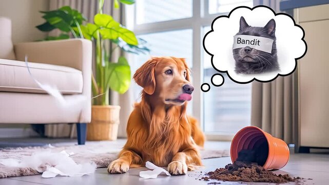 A golden retriever lies in a messy room with a spilled plant and torn paper, innocently thinking about a cat named Bandit, humorously blaming it for the chaos