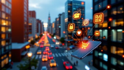 futuristic cityscape with vibrant digital icons emerging from a smartphone over busy urban street at dusk with illuminated buildings and flowing traffic