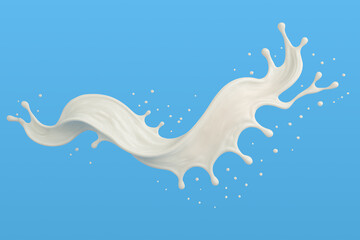 3D illustration of fresh milk splash isolated on blue background, symbolizing freshness, purity, nutrition, and dairy product advertising. Perfect for food, drink, and cosmetic concepts.