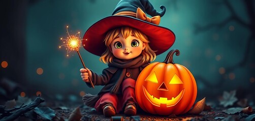 Fototapeta premium A cute little witch with a sparkly wand and glowing pumpkin , wand, adorable