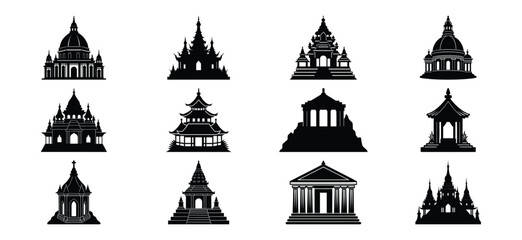 Collection of Black and White Silhouette Pagoda Temple Buildings and Structures Vector Set