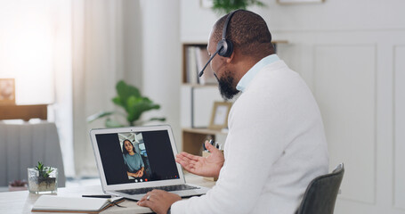 Therapist, video call or laptop screen with virtual consultation in home for online therapy session. Man, woman and psychologist with remote work, headset or computer for telehealth or counseling