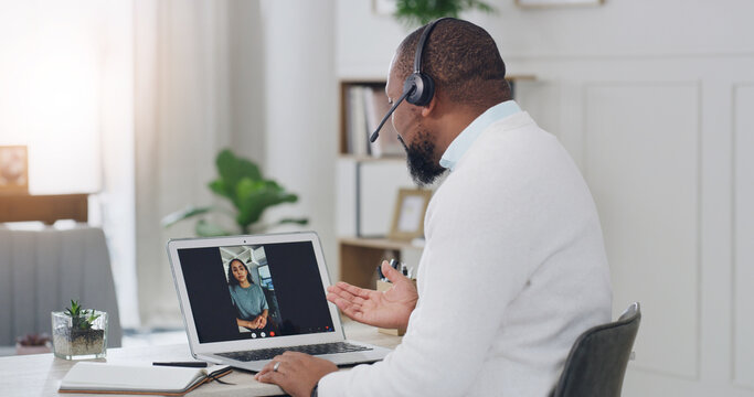Therapist, video call or laptop screen with virtual consultation in home for online therapy session. Man, woman and psychologist with remote work, headset or computer for telehealth or counseling - Powered by Adobe