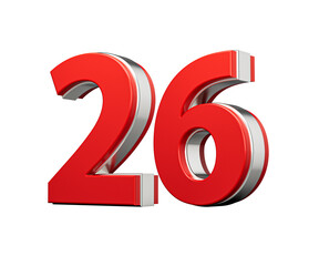 Bold Vibrant Red Number Twenty six Number 26 With Metallic On White Background 3D Illustration