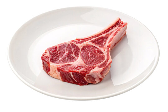 Thick cut goat chop displaying rich marbling and white fat cap, isolated on a transparent background