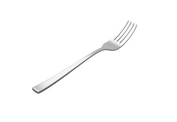 A sleek stainless steel fork with a reflective finish and a slightly curved handle. 3D Illustration