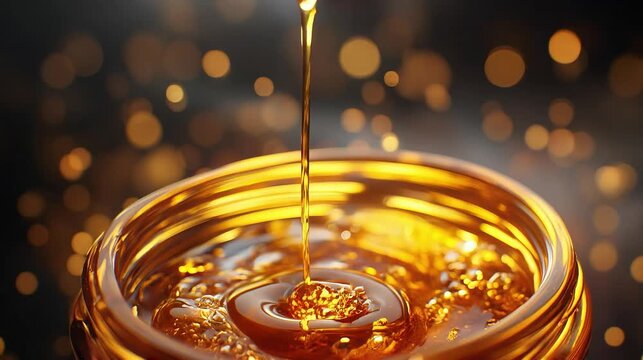 Golden cold-pressed sacha inchi oil flows smoothly into an amber glass bottle. The macro shot highlights its rich texture, purity, and natural health benefits in glowing detail.