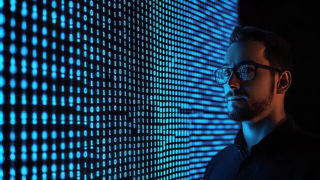 Man analyzing numeric code displayed on large computer screen in modern office
